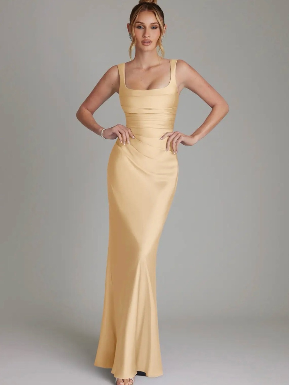 Azazie Gold Square-Neck Satin Gown